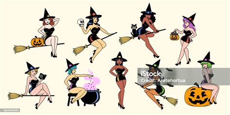Vector Cartoon Cute Pin Up Witches Set Stock Illustration Download