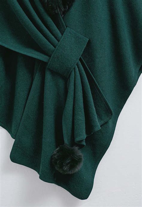 Faux Fur Collar Reversible Poncho In Dark Green Retro Indie And Unique Fashion