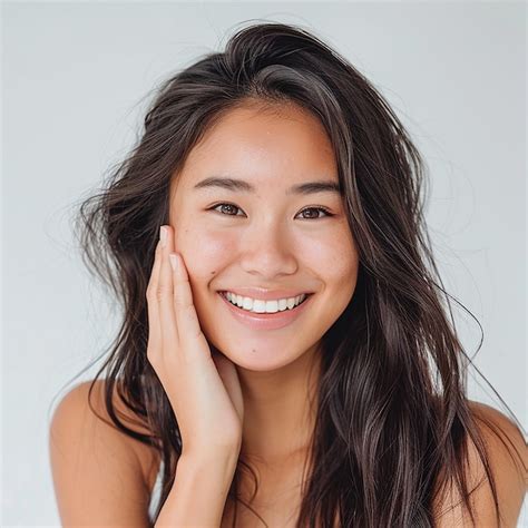 A Woman With Long Brown Hair Smiling And Holding Her Hand Up To Her