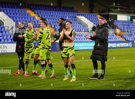 Forrest Green Rovers manager Rob Edwards celebrates with his team in ...