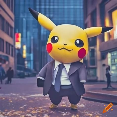 Pikachu In A Business Suit Walking On A Busy Street On Craiyon