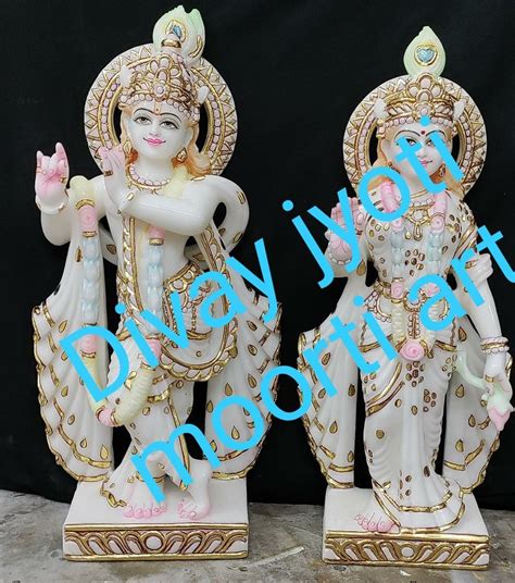 White Painted Marble Radha Krishna Statue For Worship Size 1 Feet At