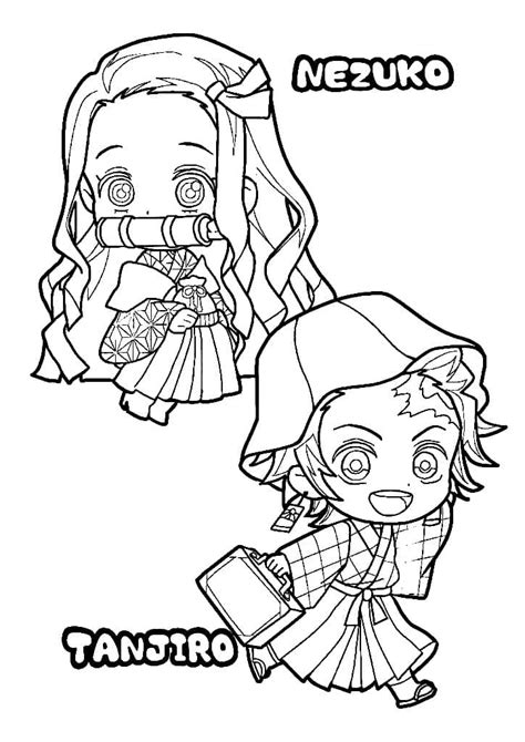 Coloriage Chibi Nezuko et Tanjiro télécharger et imprimer gratuit sur