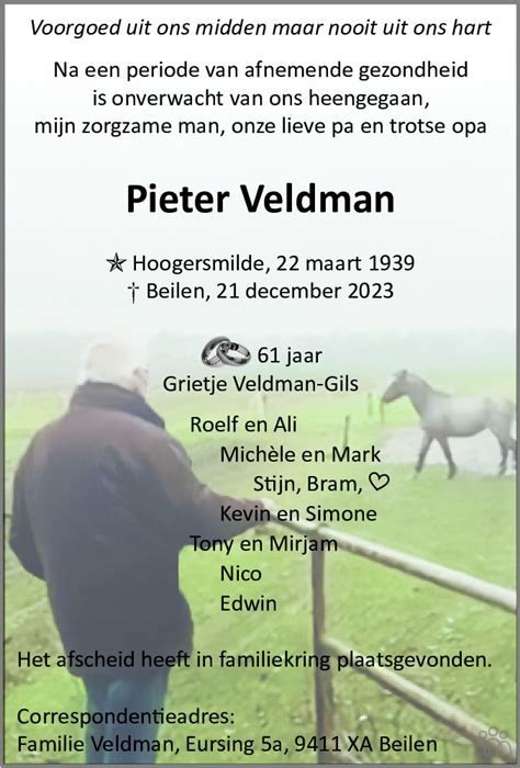 Pieter Veldman 21 12 2023 Overlijdensbericht En Condoleances