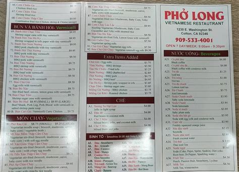 Menu at Pho Long restaurant, Colton