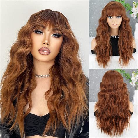 Merisihair Long Auburn Brown Wig With Bangssynthetic Long Brown Hair Wigs For