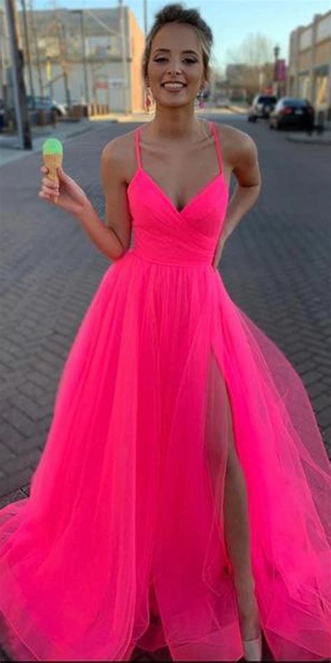 A Line V Neck Hot Pink Tulle Prom Dresses Formal Dresses PSK170 Hot