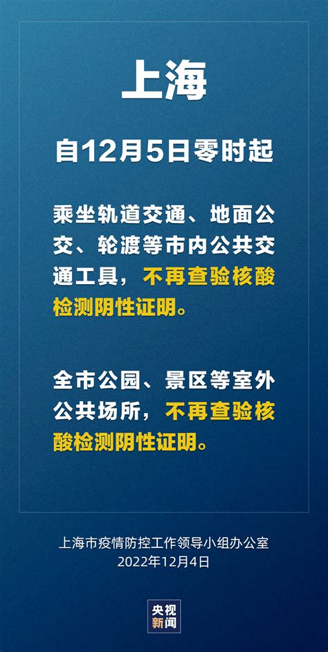 上海：公共交通、室外公共场所不再查验核酸阴性证明调整防控相关措施