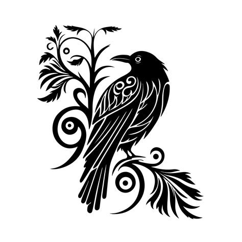 Crow on a tree branch with floral ornament. Vector illustration on ...