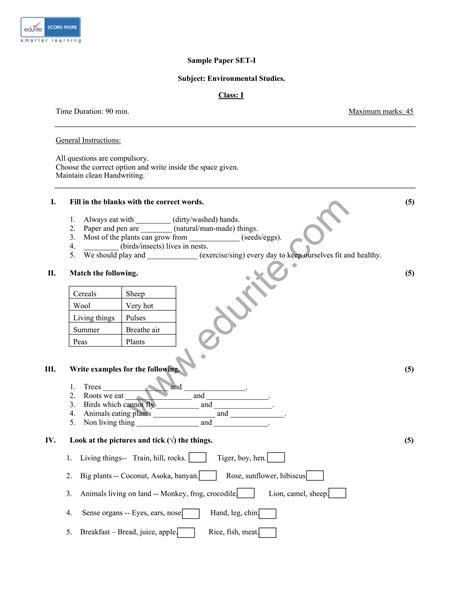 Class 1 Icse Evs Sample Paper Model 1 Pdf