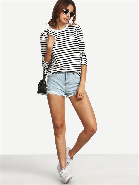 White Black Long Sleeve Striped T Shirtfor Women Romwe