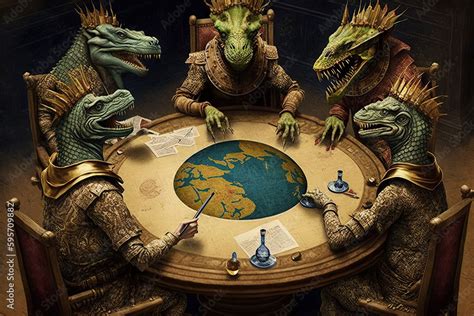 Reptilians Sit At A Round Table With A World Map Created With