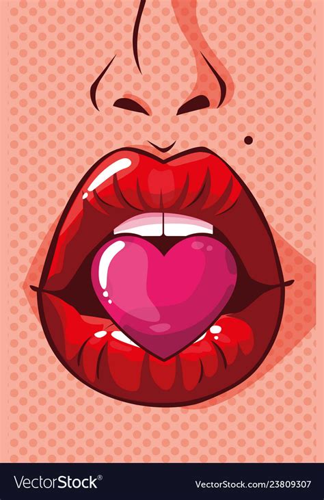 Sexy Woman Mouth With Heart Pop Art Style Vector Image