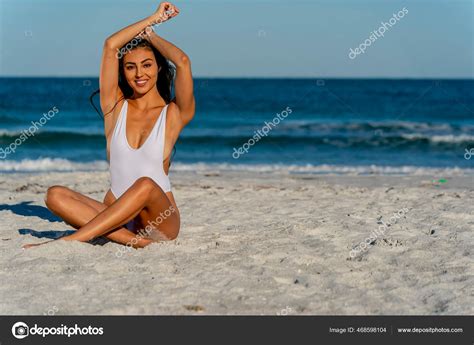 Beautiful Mixed Race Bikini Model Enjoys Weather Outdoors Beach Stock