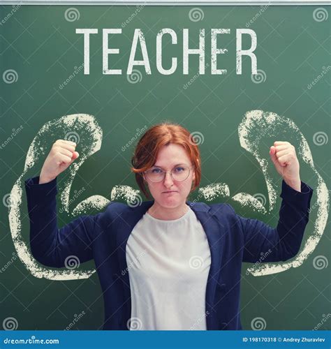 School Teacher with Chalked Strong Arms. Woman Teacher Shows the ...