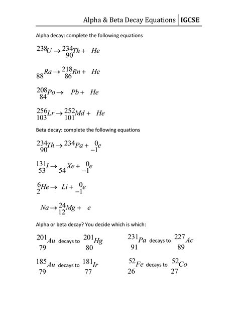 Alpha Beta Decay Worksheet