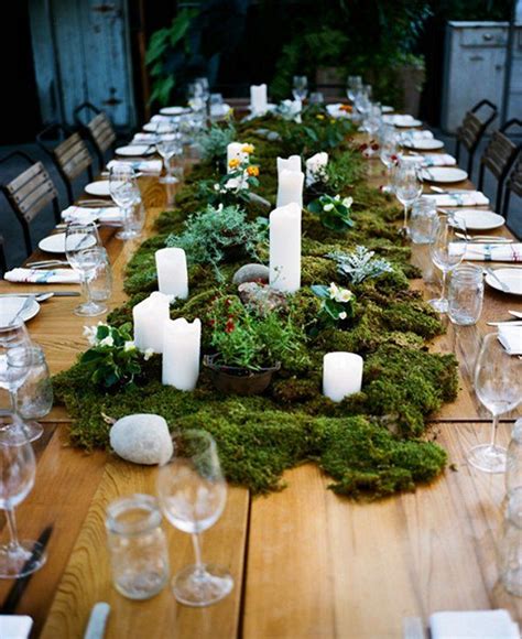 Moss Table Runner On Timber Exposed Table Wedding Centerpieces