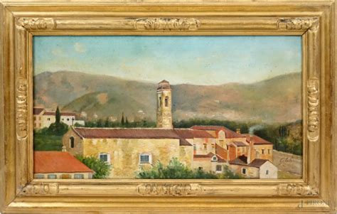 Scorcio Di Paese Toscano Olio Su Tela Cm 33x61 Firmato Entro