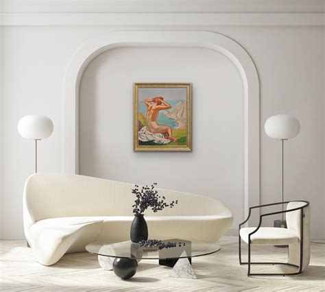 Raymond Moritz A Liberated Lady On The Cliffs Nude Sunbathing Framed S French Oil Painting