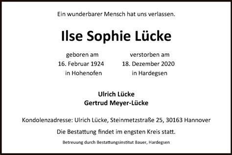 Traueranzeigen Von Ilse Sophie L Cke Trauer Hna De