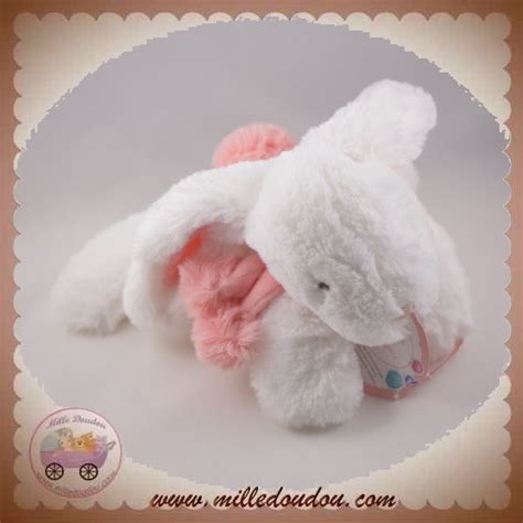 Doudou Et Compagnie Lapin Pompon Coucou Rose Corail Allonge Blanc