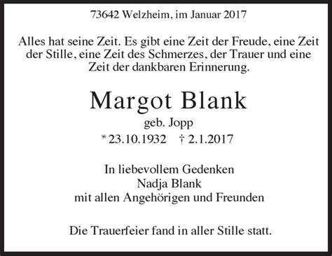 Traueranzeigen Von Margot Blank Stuttgart Gedenkt De