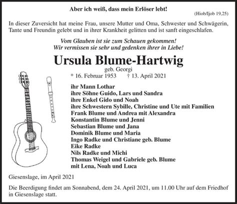 Traueranzeigen Von Ursula Blume Hartwig Geb Georgi Abschied