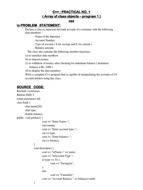 C Practical No 1 Array Of Class Objects Program 1 Sss N