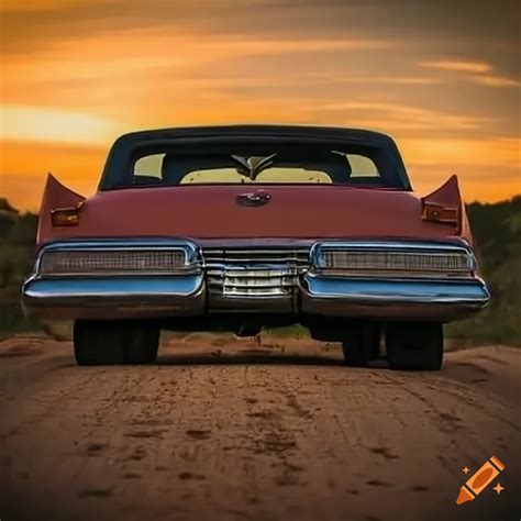 Vintage Cadillac Driving On A Dirt Road At Sunset On Craiyon