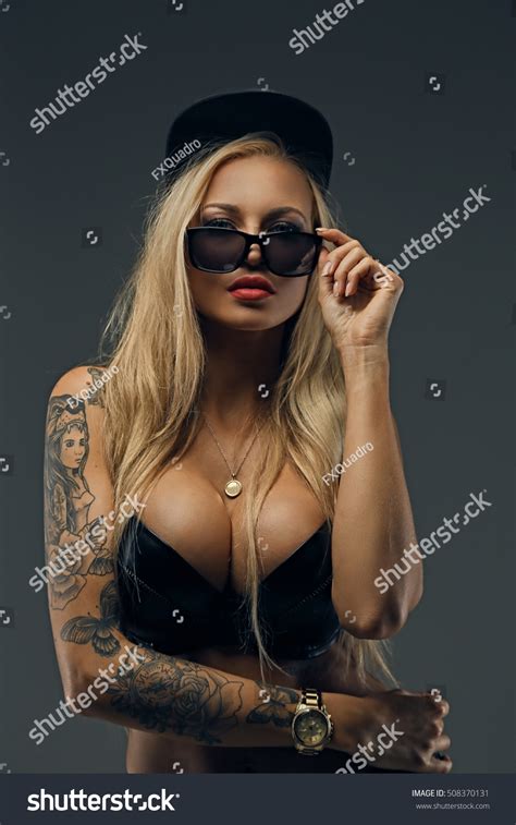 Studio Portrait Sexy Blonde Female Tattoo Stock Photo