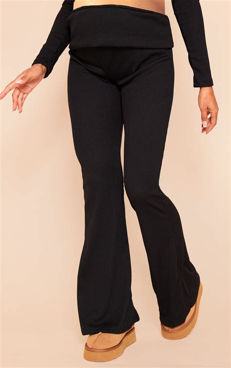 Maternity Black Extreme Roll Over Flared Trousers Prettylittlething