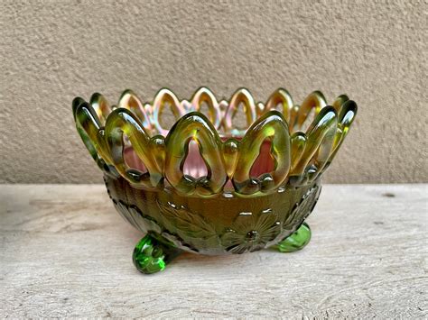 Antique Northwood Wild Rose Candy Dish With Open Edge Carnival Glass Iridescent Green Pink