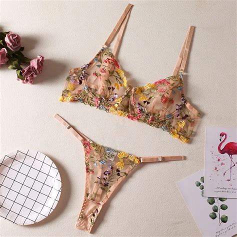 Conjunto Lingerie Bordado Floral Para Mulheres Boho Bra E Panty