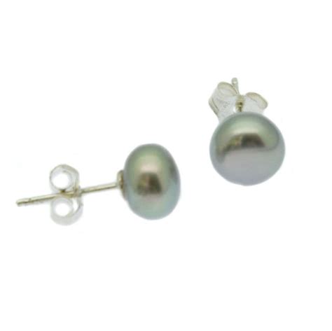 Silver Grey Pearl Earrings Cultured Button Pearls Sterling Silver