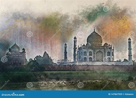 Watercolor Painting Of Taj Mahal Scenic Sunset View In Agra India