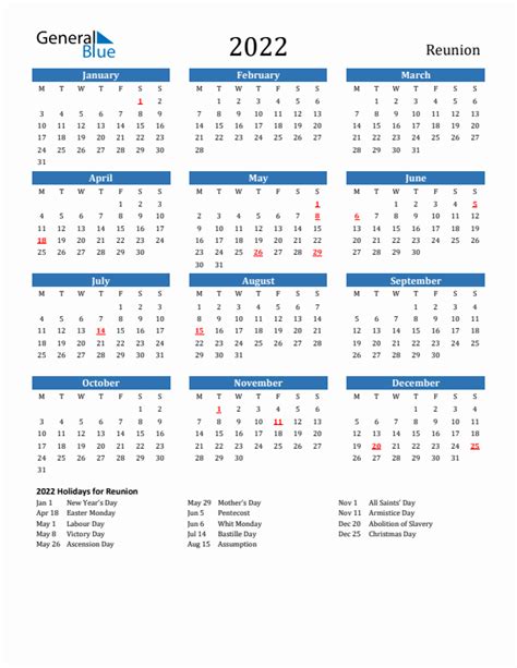 2022 Reunion Calendar With Holidays