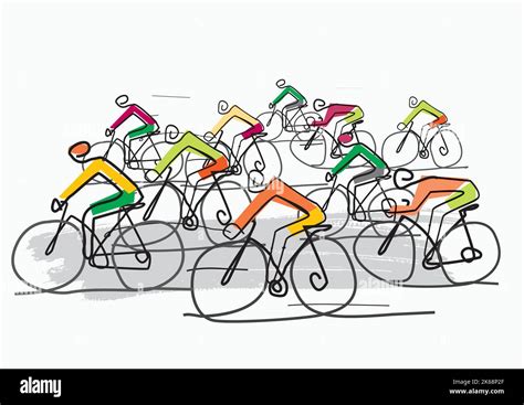 Cycling Race Line Art Stylized Cartoon Illustration Of Group Of