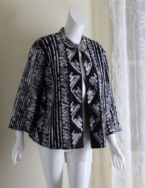 Chico S Sz 3 XL Black Extensive Art To Wear Open Front Applique 3 4