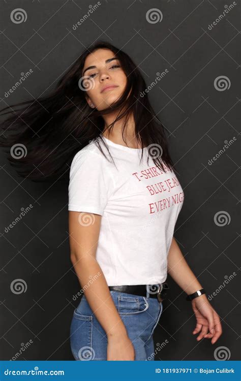 Beautiful Caucasian Hipster Brunette Girl Posing In Studio On Isolated Background Trends Style