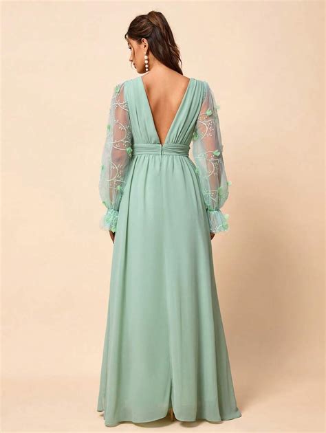 Shein Belle Embroidered Mesh Contrast D Flower Decor Split Lingerie Dress For Bridal Shower Or