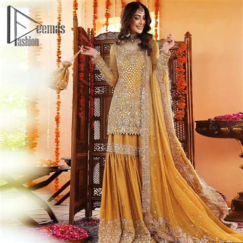 Latest Mehndi Dress Mustard Short Shirt Gharara Dupatta