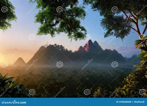 Mountain in the Morning with Sunrise Over Jungle Stock Illustration ...