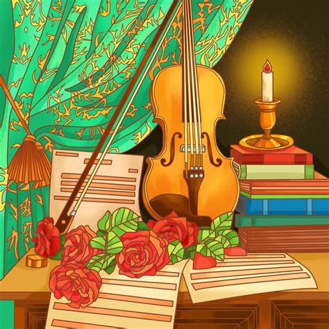 A Violin Sitting On Top Of A Table Next To Some Books And Roses With A