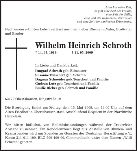 Traueranzeigen Von Wilhelm Heinrich Schroth Trauer Op Online De