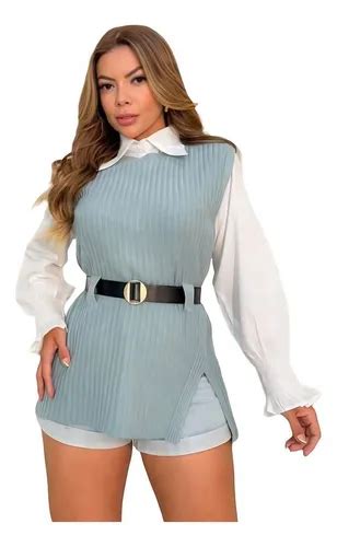 Camisa Com Colete Feminino - Camisa Colete E Cinto Conjunto Feminino Inverno Elegante | Frete grátis