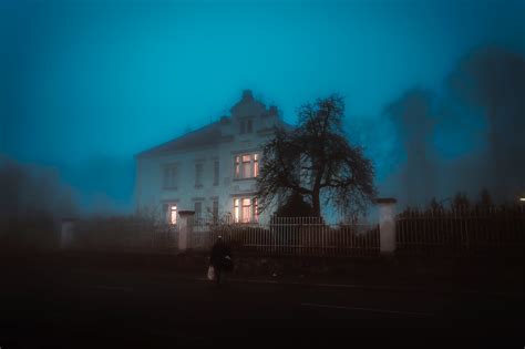 Free Images Man Light Cloud Sky Fog Street Night Mansion