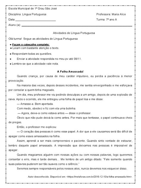 A Folha Amassada - Atividades sobre "A Folha Amassada" | PDF