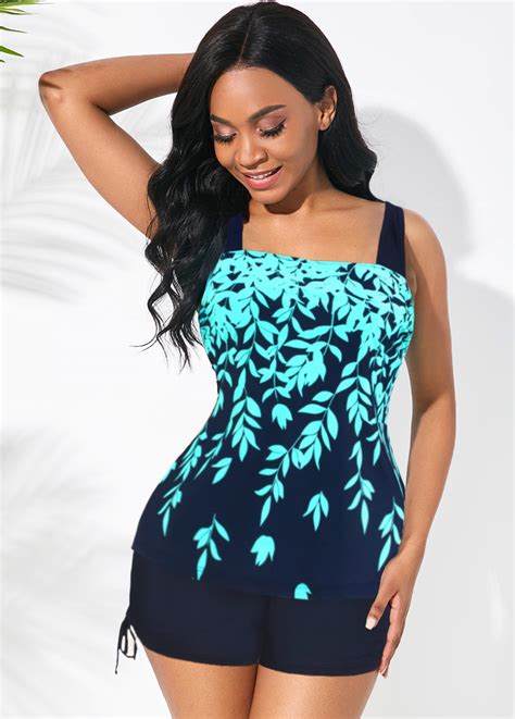 Wide Strap Drawstring Side Printed Tankini Set Rosewe USD 35 98