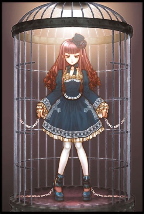 Safebooru 1girl Bdsm Blue Eyes Bondage Bound Cage Chains Cross Frills