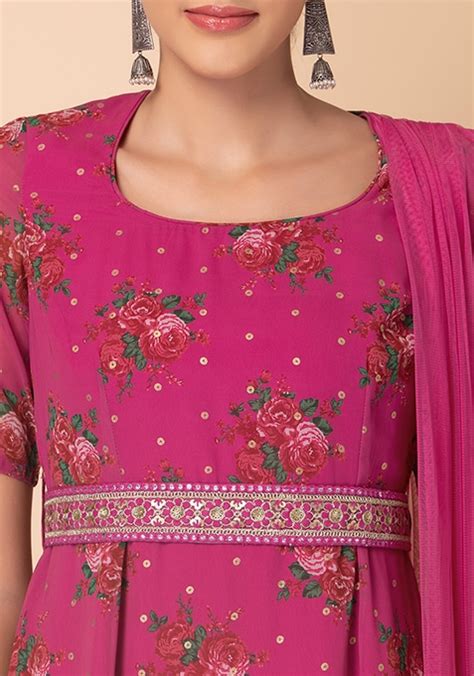 Buy Women Hot Pink Foil Print Kurta With Attached Dupatta And Embroidered Belt Rtw Indya